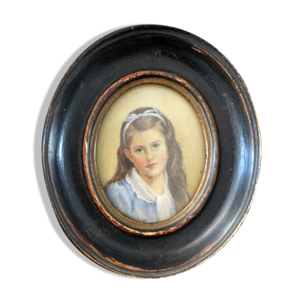 Old miniature painting "girl with the ribbon"