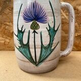Antique vallauris ceramic pitcher with vintage blue thistle decor