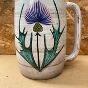 Antique vallauris ceramic pitcher with vintage blue thistle decor