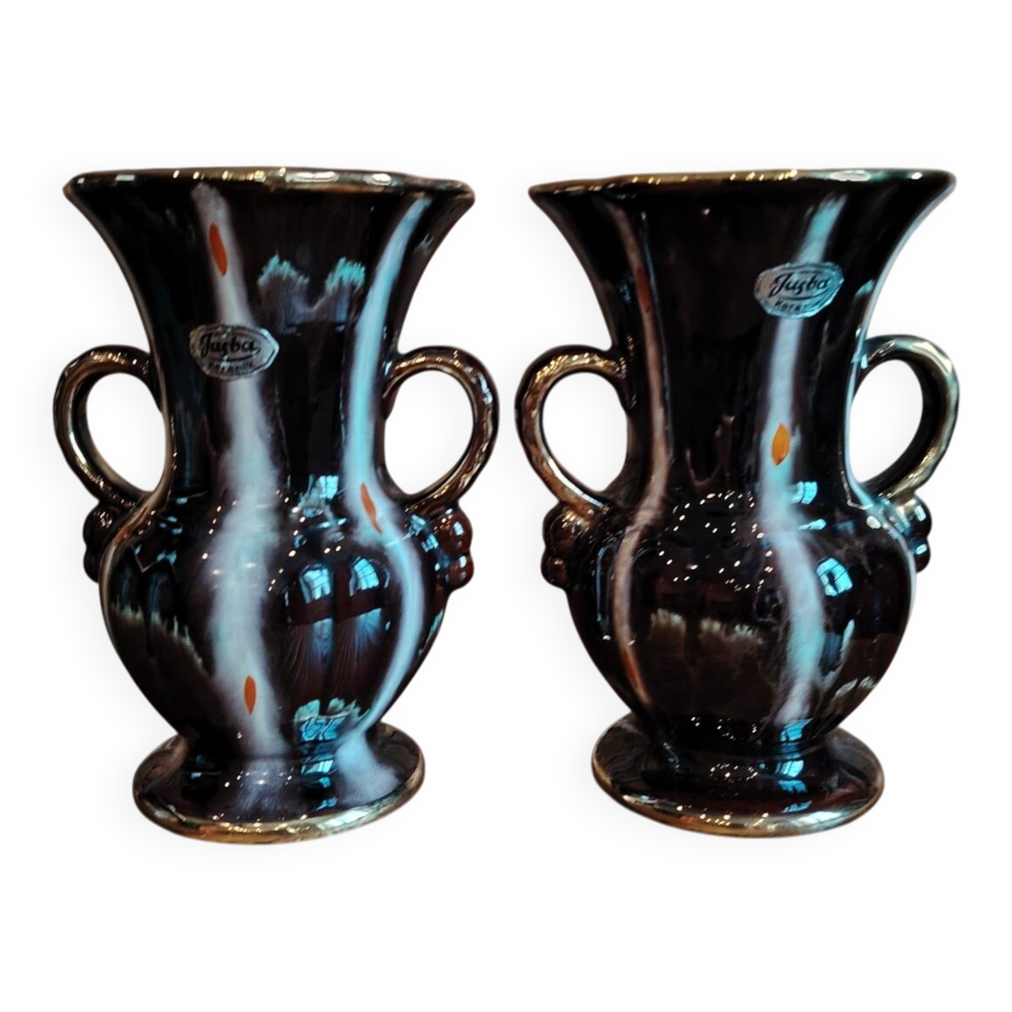 Pair of Jasba Keramik vases – Germany – 1950s/60s – brown, black & gold