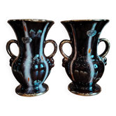 Paire de vases Jasba Keramik en céramique brun, noir et doré – Allemagne années 50-60