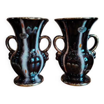 Paire de vases Jasba Keramik en céramique brun, noir et doré – Allemagne années 50-60
