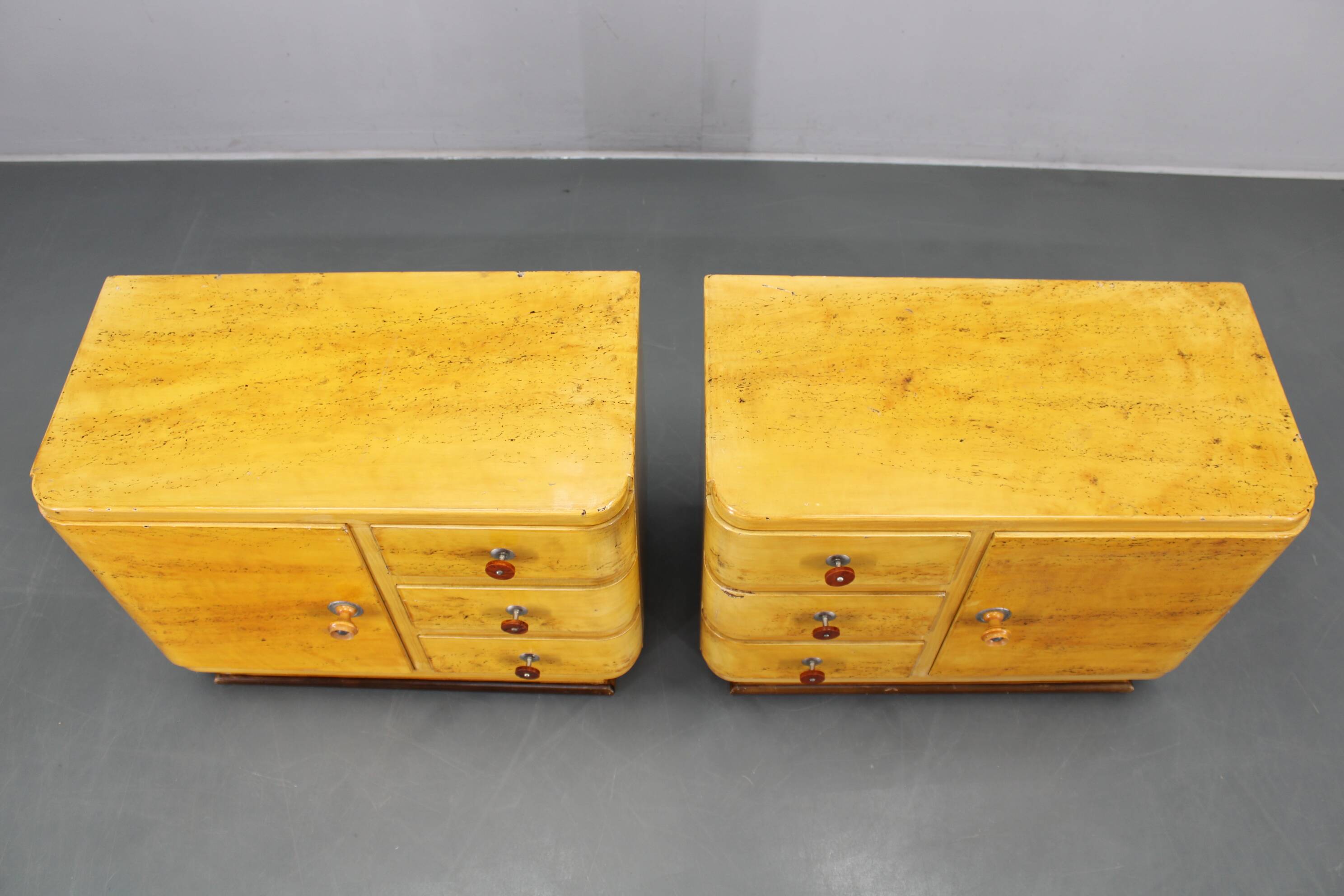 Pair of 1940s Czechoslovak Art Deco nightstands with painted maple imitation finish