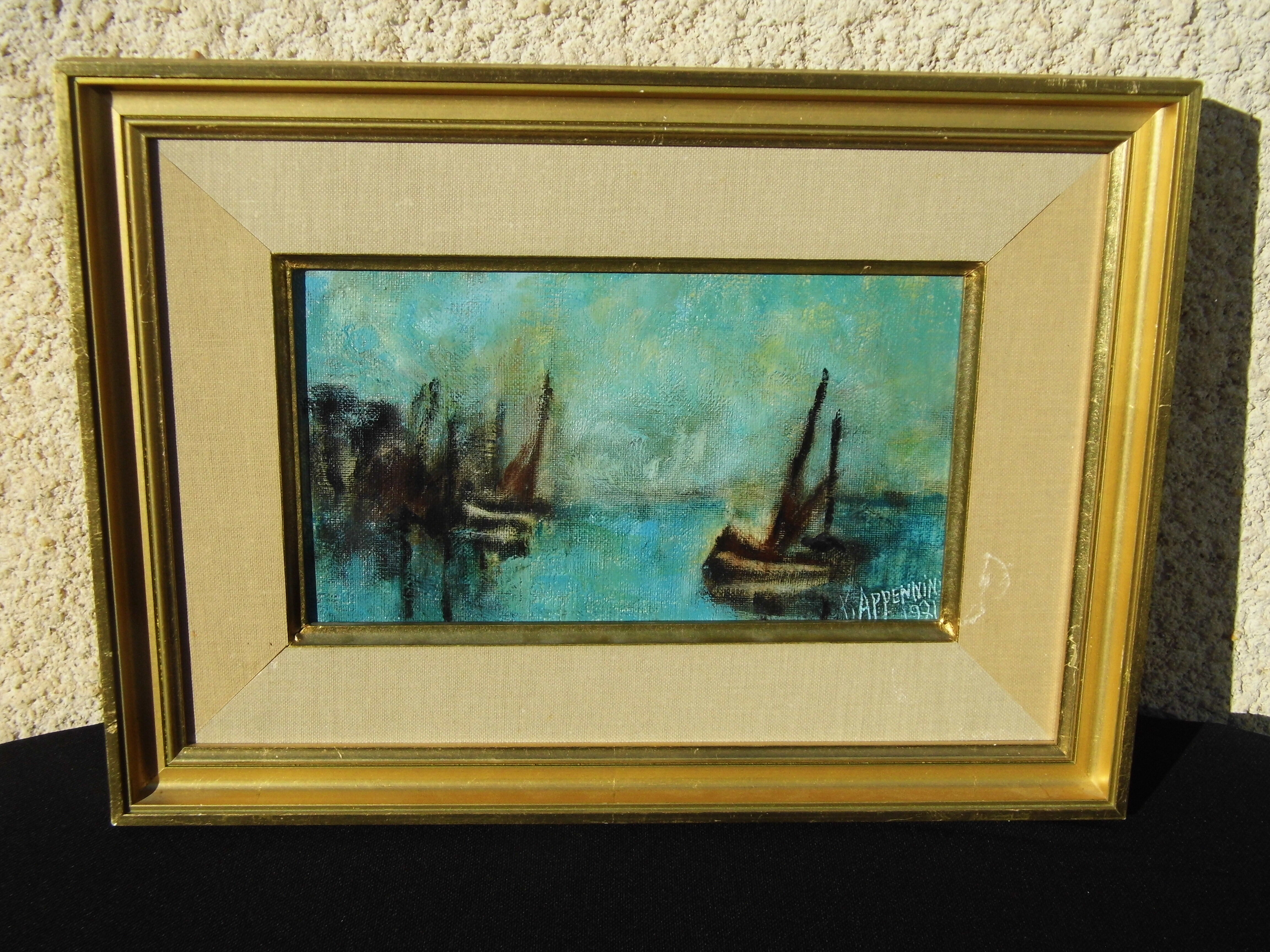 Marine painting oil on canvas old sign yvonne appennini 1971 voiliers tbe