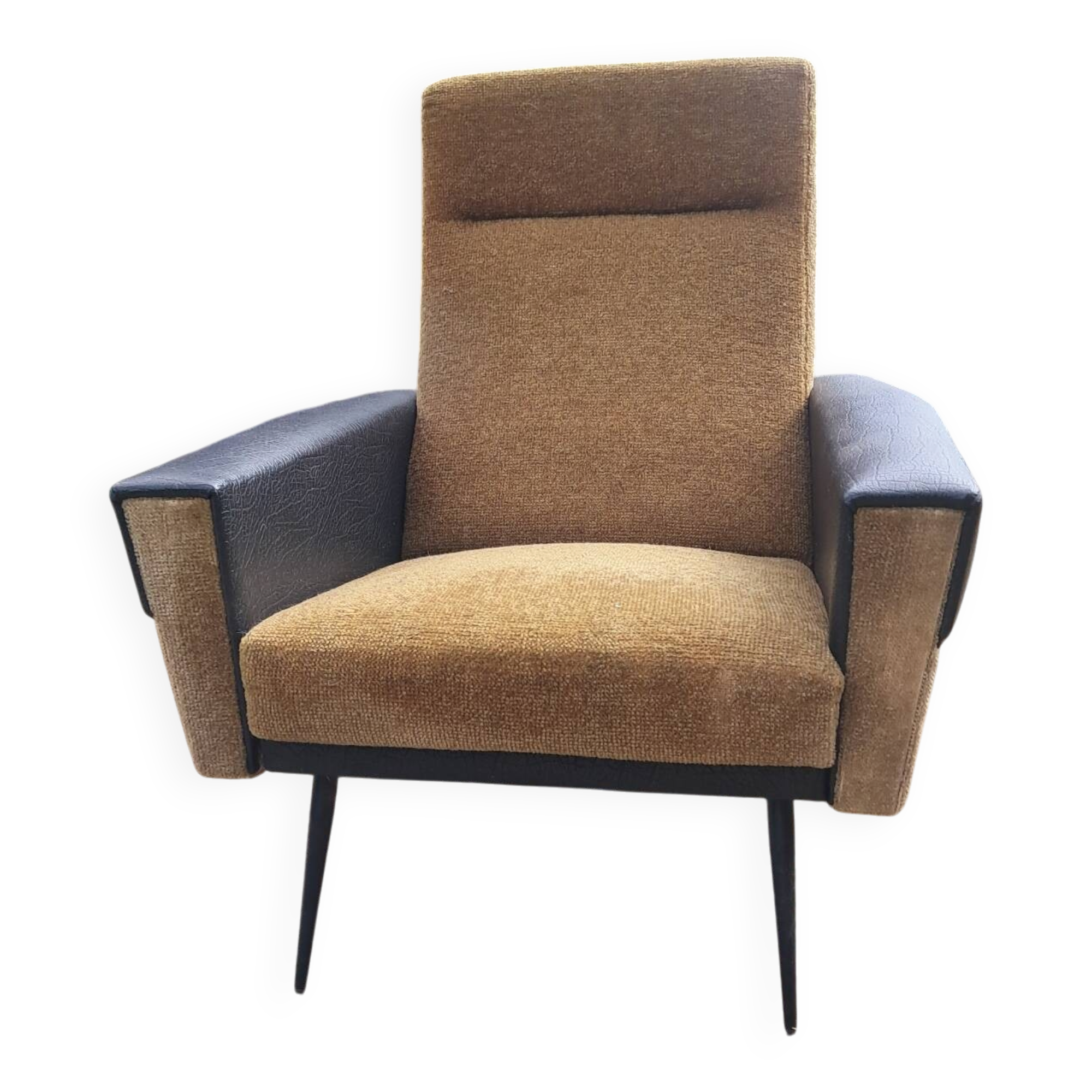 Vintage 70s armchair in mustard and black faux leather.