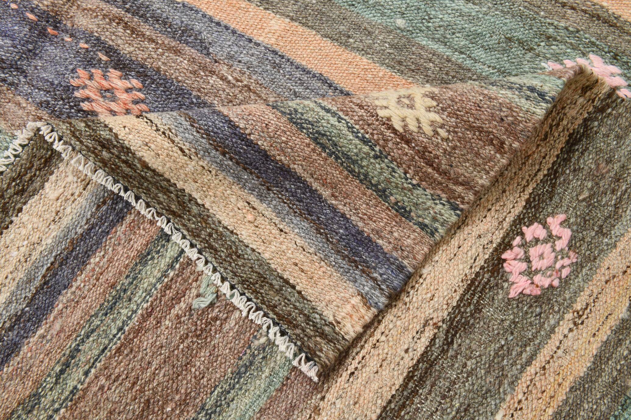 6x9 Gray & Green Striped Pattern Kilim Rug, 176x262Cm