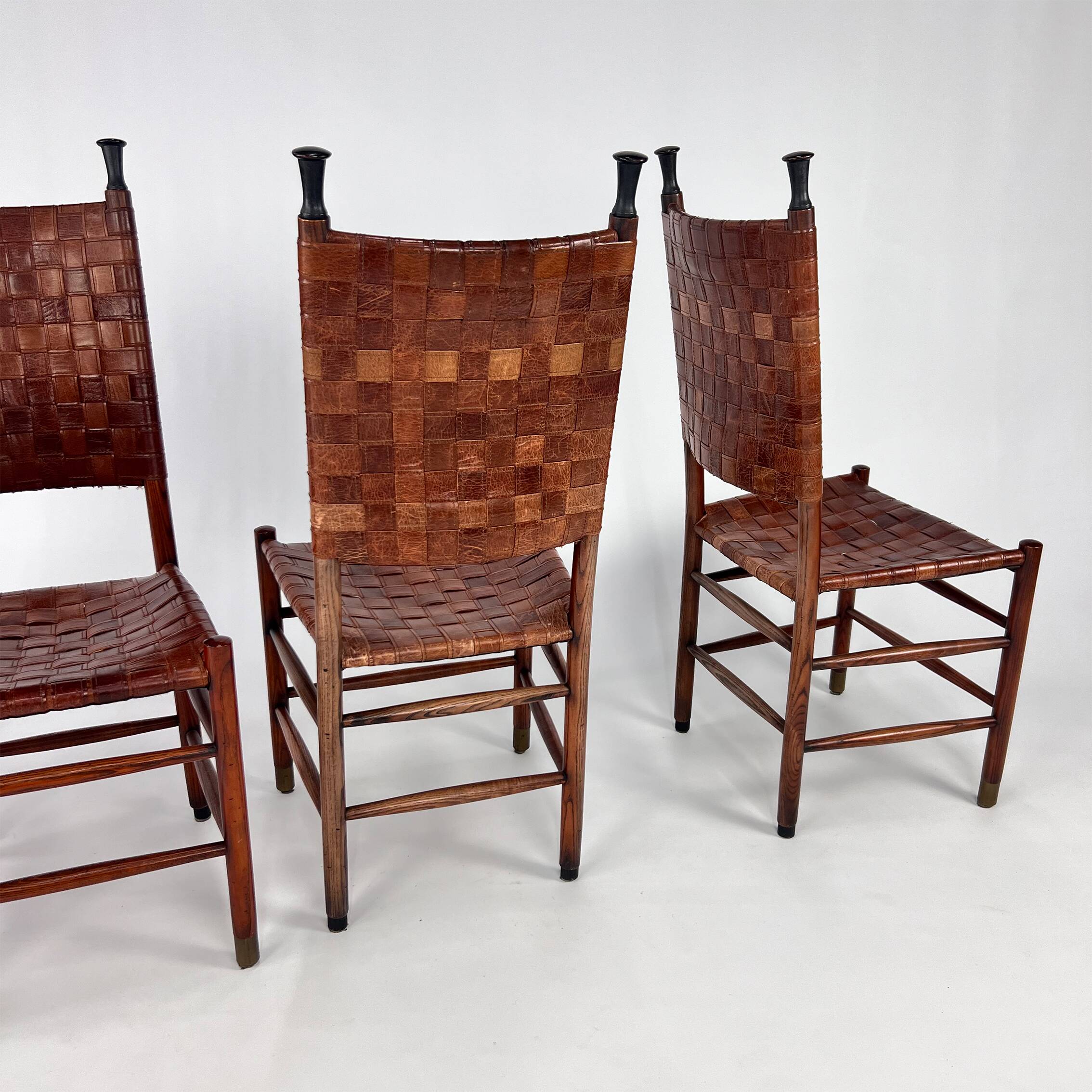 Set of 4 Pine and Leather Dining Chairs, 1970s
