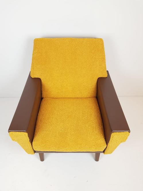 Armchair in ochre yellow and brown skai teddy fabric