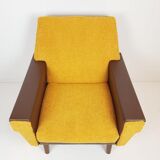 Armchair in ochre yellow and brown skai teddy fabric
