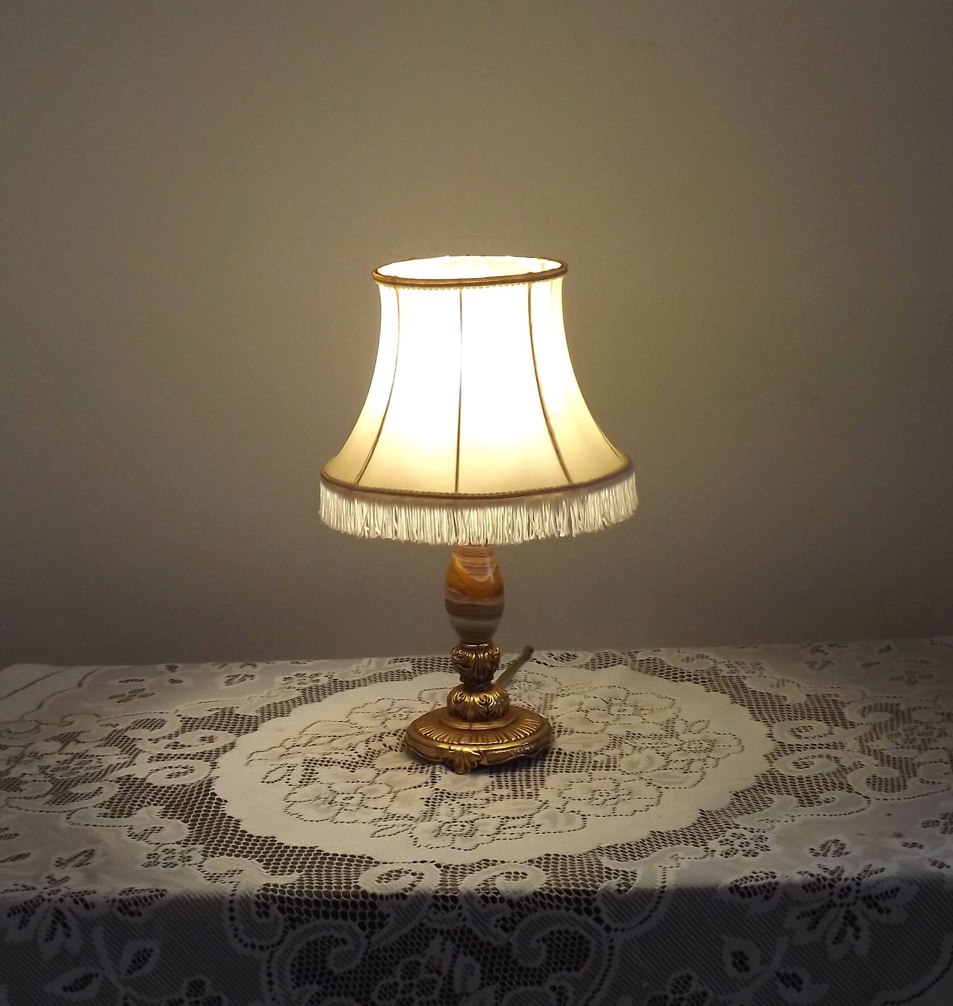 Vintage French Round Brass and Onyx Table Lamp With Cream Fringed Shade