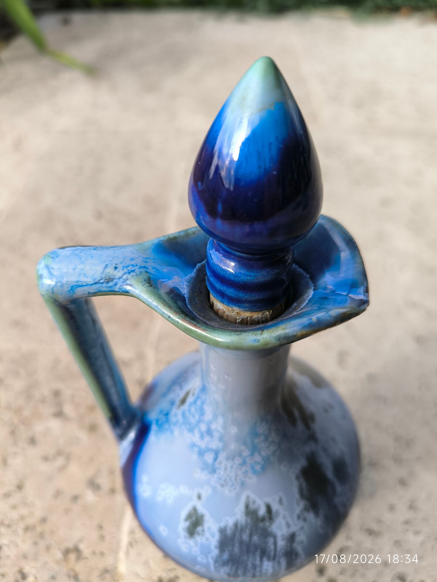 Vintage cobalt blue glazed ceramic carafe / jug – lid