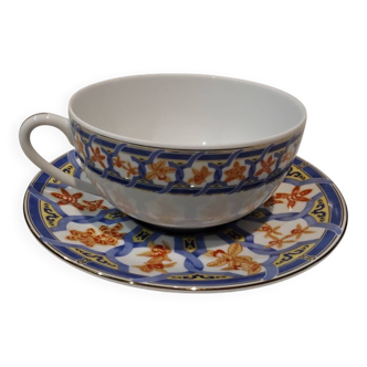Christofle blue ginkgo porcelain breakfast cup and saucer, 35cl