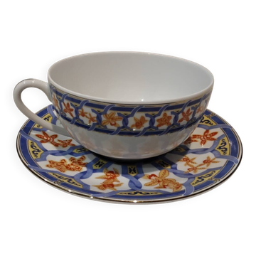 Tasse et sous tasse à dejeuner 35cl porcelaine Christofle ginkgo bleu