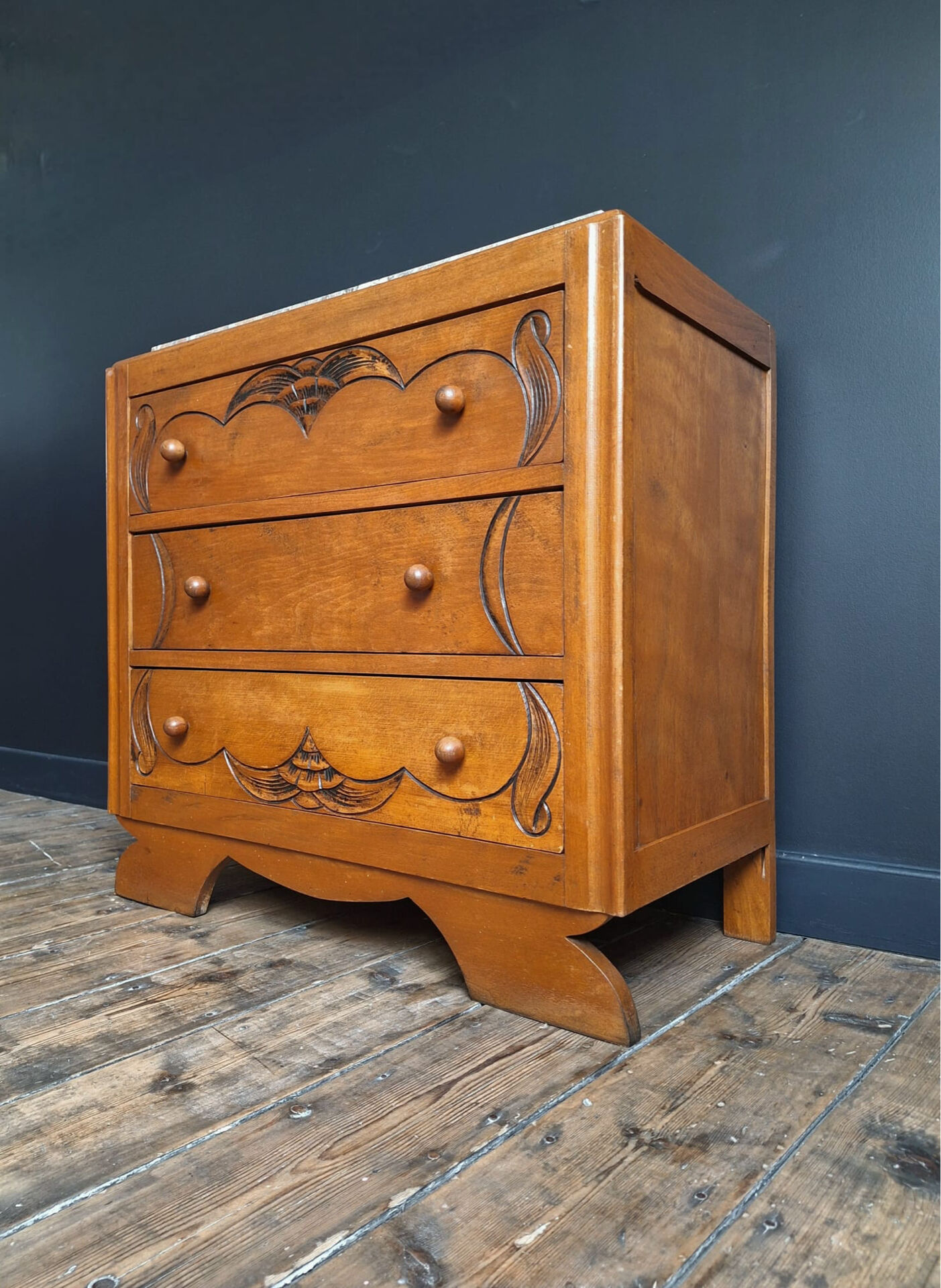Art Deco commode, vintage antique piece with marble top.