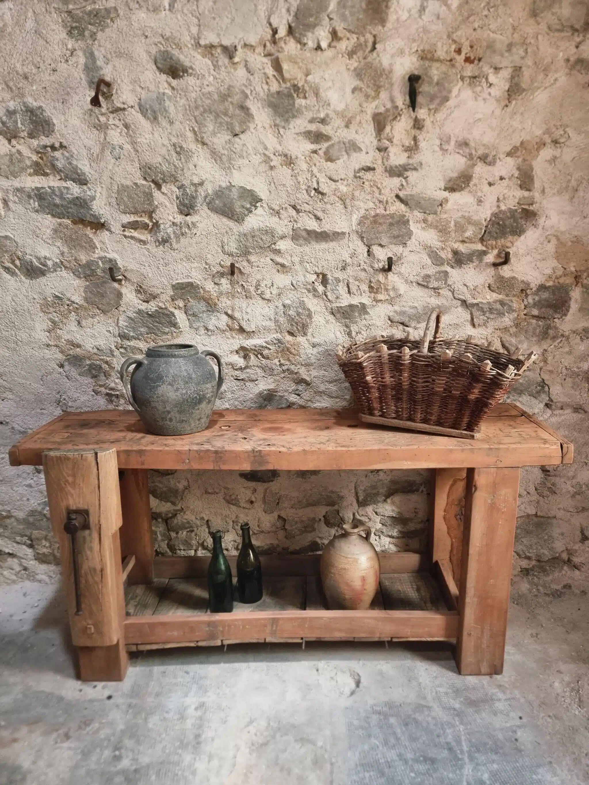 Rustic old workbench, carpenter's bench, console, washbasin unit, around 1900.