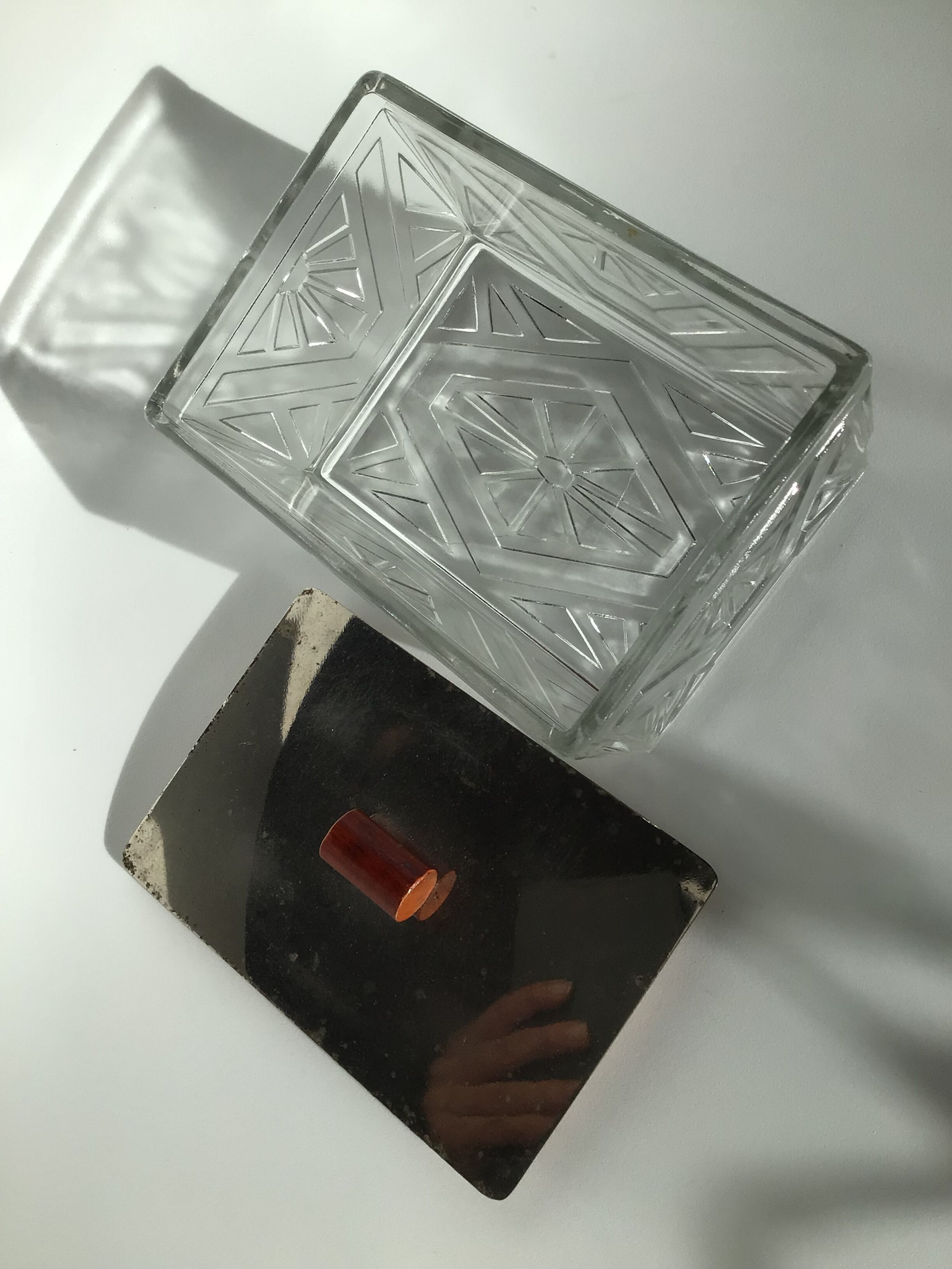 Art Deco box molded glass lid metal mirror