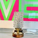 Vintage Mid-Century Scandinavian lamp in wood, brass, and pressed glass with spikes.