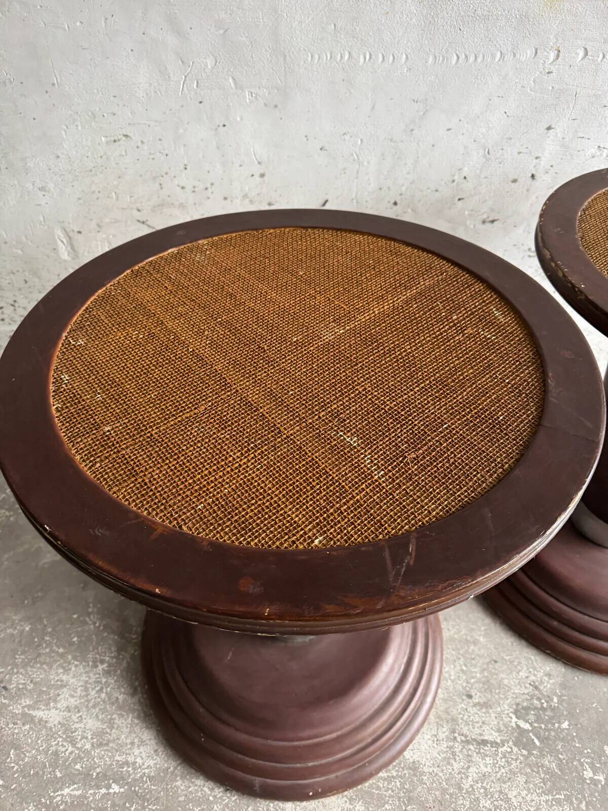 Set of 2 Art Nouveau dark brown wood side tables with natural rattan woven tops and metal details