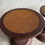 Set of 2 Art Nouveau dark brown wood side tables with natural rattan woven tops and metal details