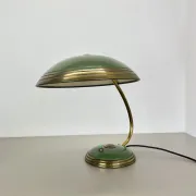 German green bauhaus table lamp in brass and metal by helo lights, germany, 1950s