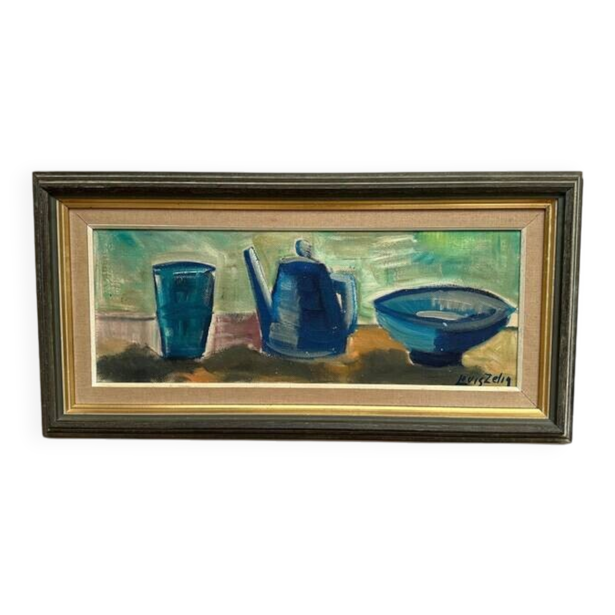 Large Original Swedish Oil on Panel – “Kettle Bowl and Glass” by Louis Zelig – Signed – Vintage & Framed – 40 × 80 cm (15.7" × 31.5")