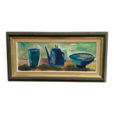 Large Original Swedish Oil on Panel – “Kettle Bowl and Glass” by Louis Zelig – Signed – Vintage & Framed – 40 × 80 cm (15.7" × 31.5")