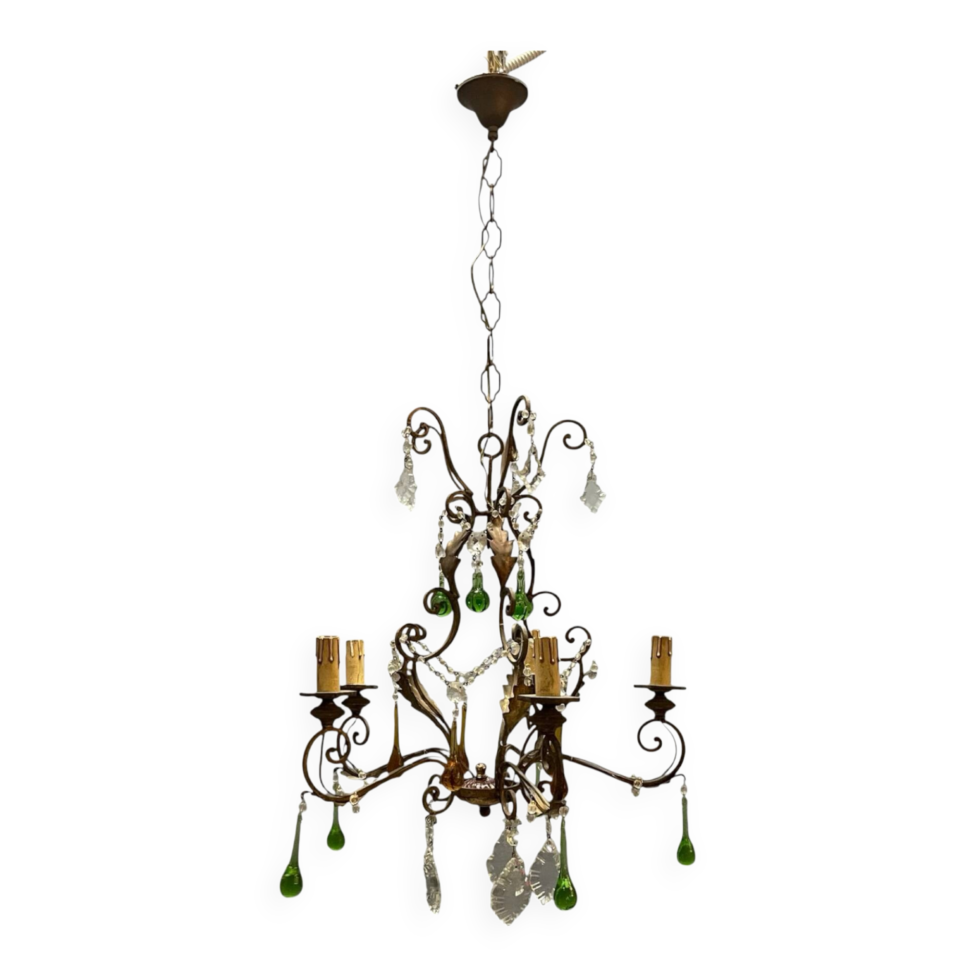 Italian 5-Light Tole Chandelier with Green & Amber Murano Glass Drops,