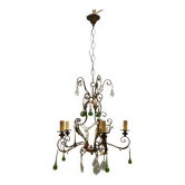 Italian 5-Light Tole Chandelier with Green & Amber Murano Glass Drops,