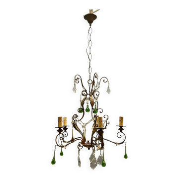Italian 5-Light Tole Chandelier with Green & Amber Murano Glass Drops,