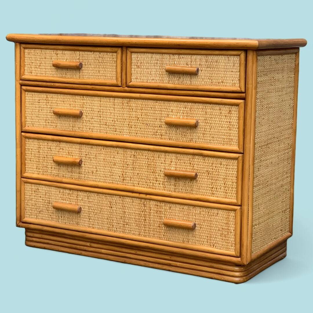 Vintage rattan and woven wicker chest of drawers 1970