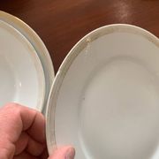 Lot of six flat plates, crockery, old white, gilded