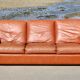 Space age sofa. Tan leather. Circa 1970