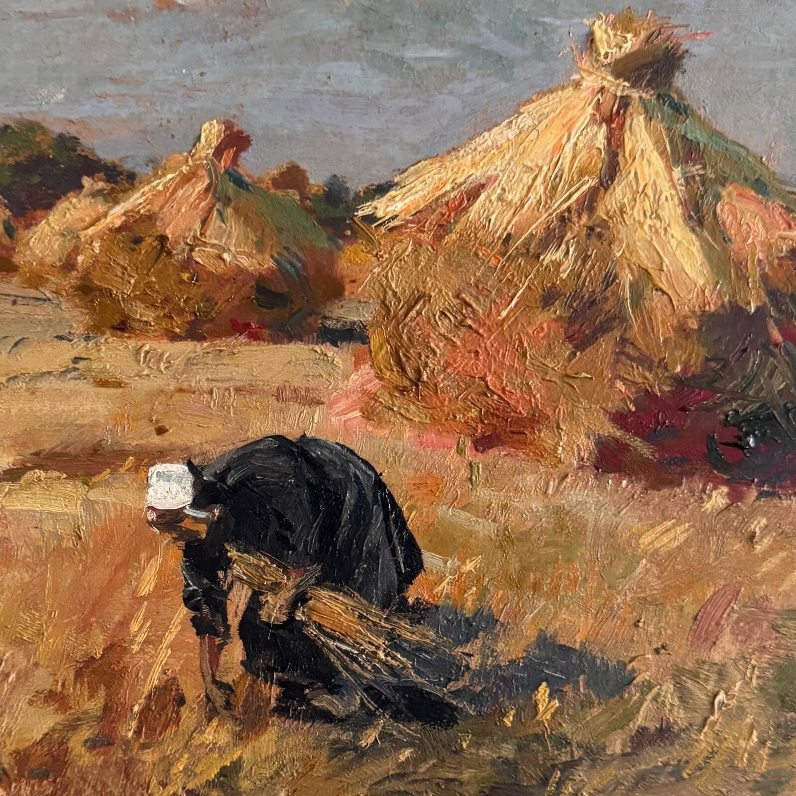 Oil on panel by Henri Vollet Breton woman gathering hay