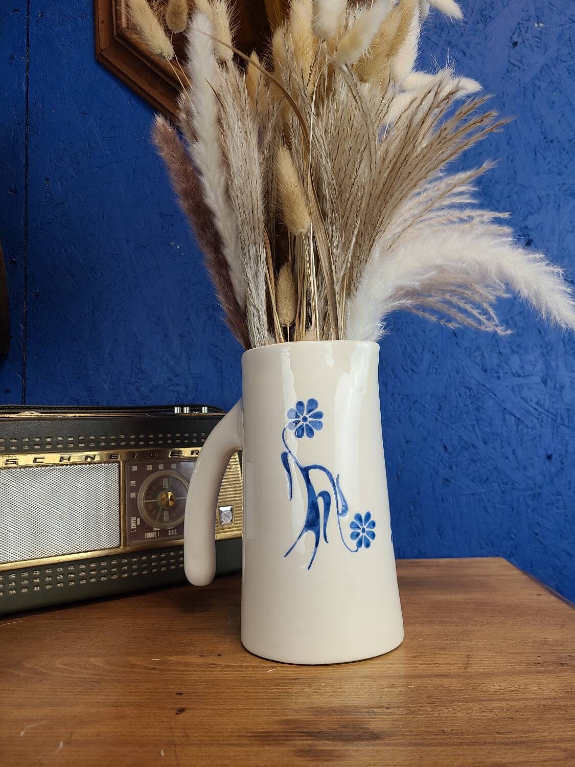 Modernist ceramic pitcher, signed polychrome decoration