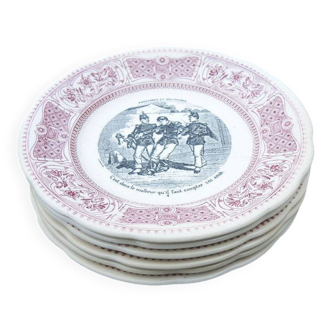 6 old talking plates from Gien – proverbs & military themes