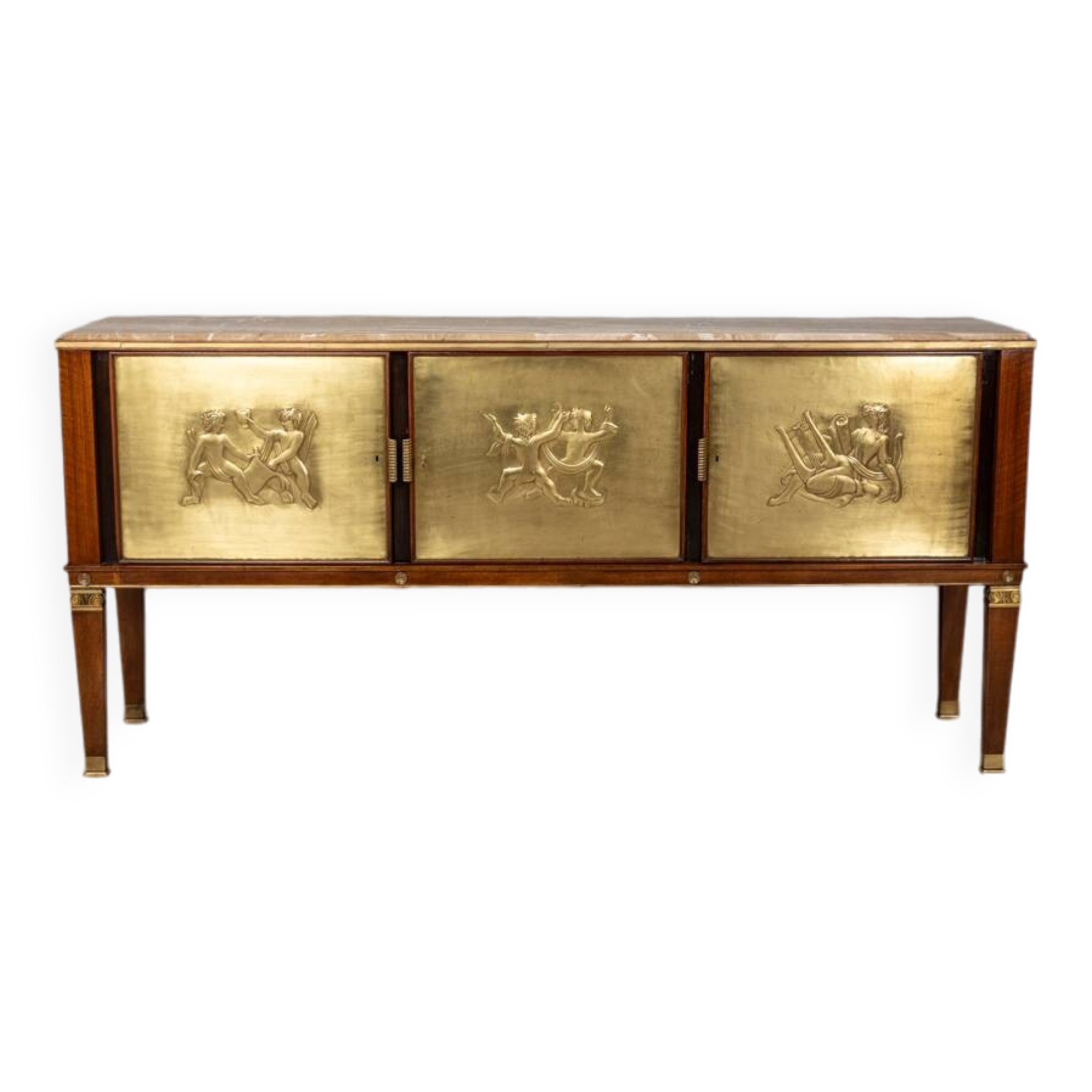 Buffet vintage années 40 en bois bas-reliefs en laiton et marbre design italien