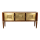 Buffet vintage années 40 en bois bas-reliefs en laiton et marbre design italien