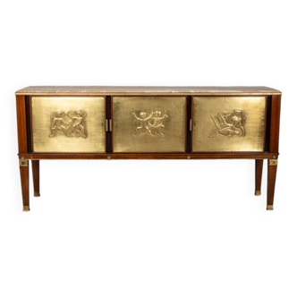 Buffet vintage années 40 en bois bas-reliefs en laiton et marbre design italien