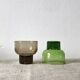 Shooters, translucent brown smoked and green shot glasses, ribbed foot