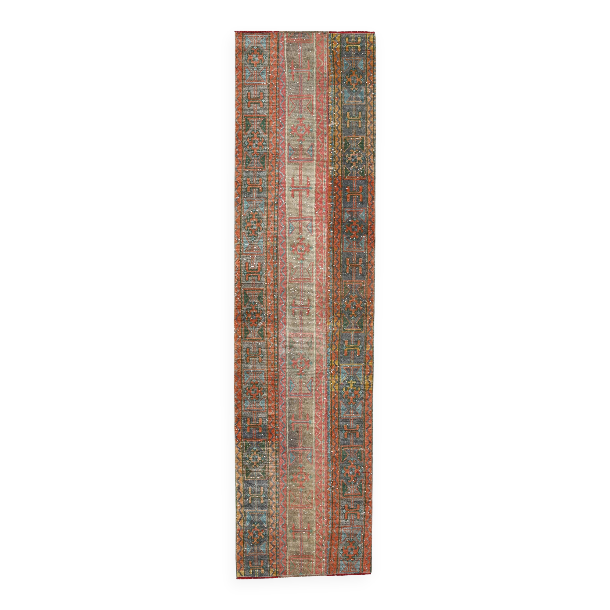 2x9 Vintage Coral Orange & Green Turkish Runner Rug, 70x275Cm
