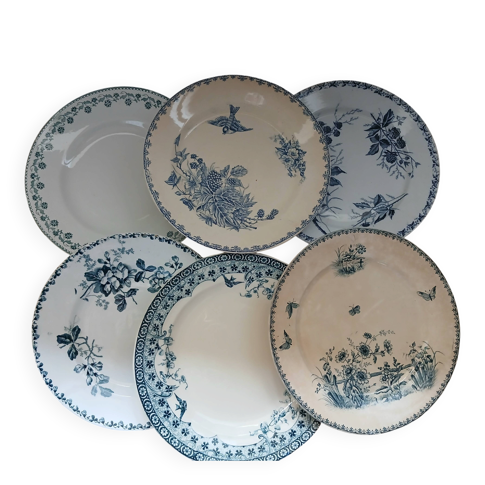 6 antique flat plates in ironstone