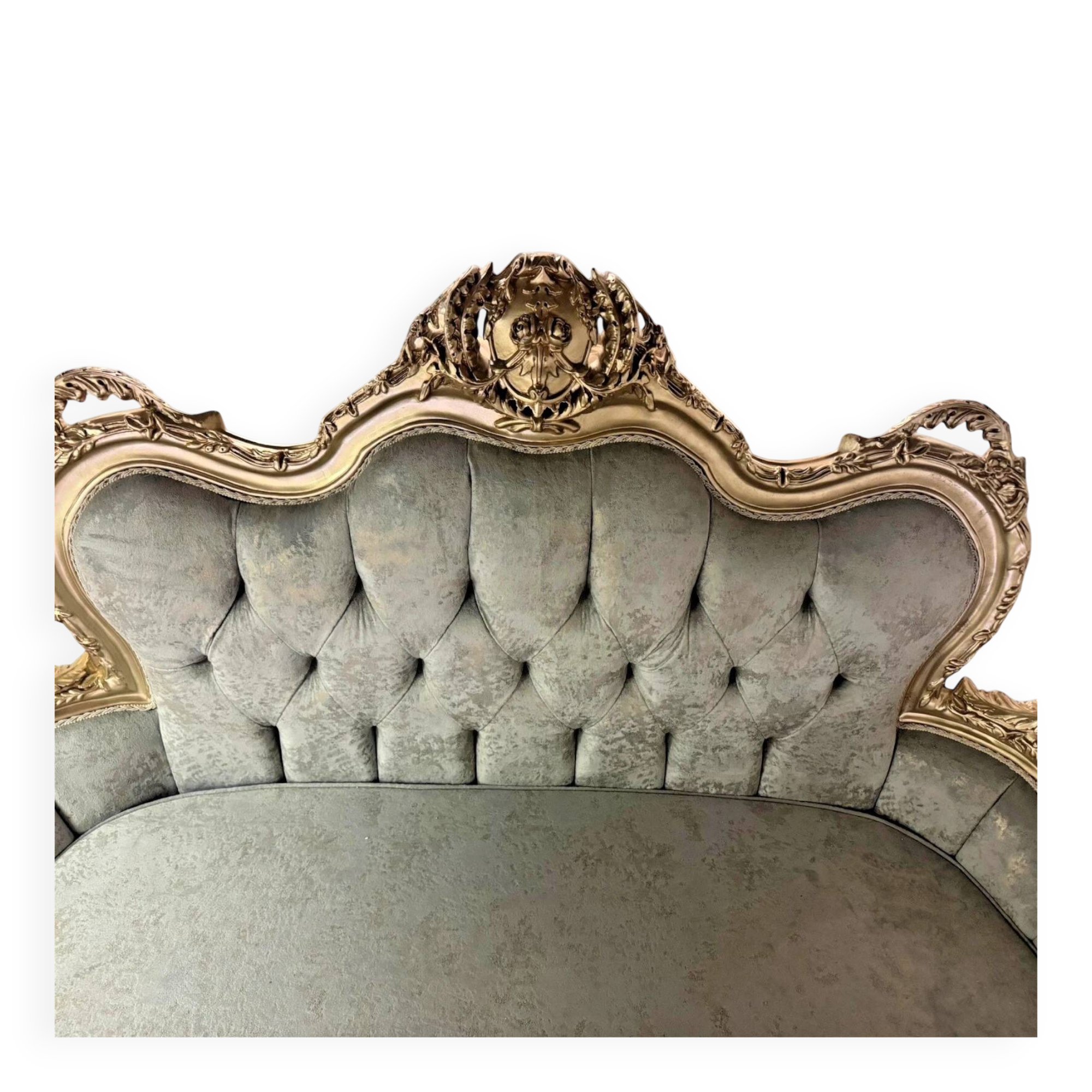 A soft light blue and silver tufted beech wood sofa in Louis style.