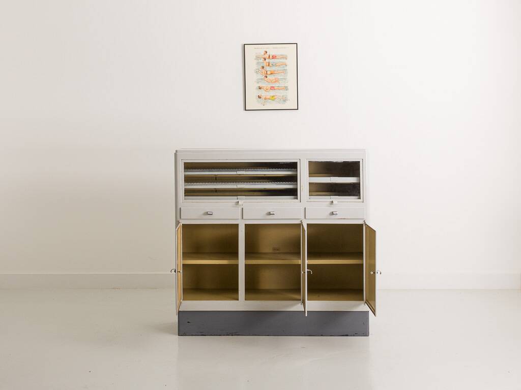 Industrial metal trade furniture equipped with display cases