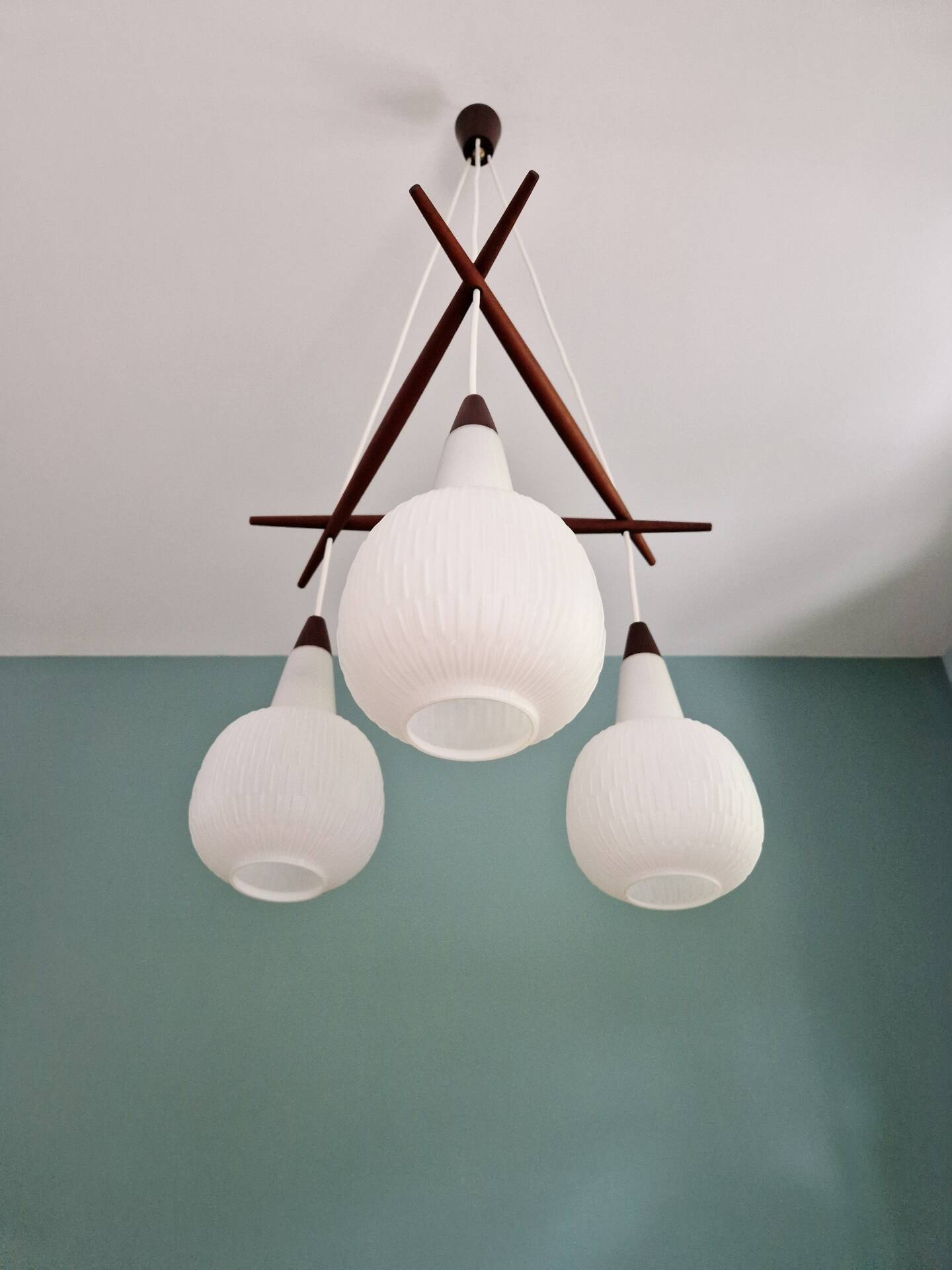 Scandinavian chandelier in teak and white opaline, 1960s