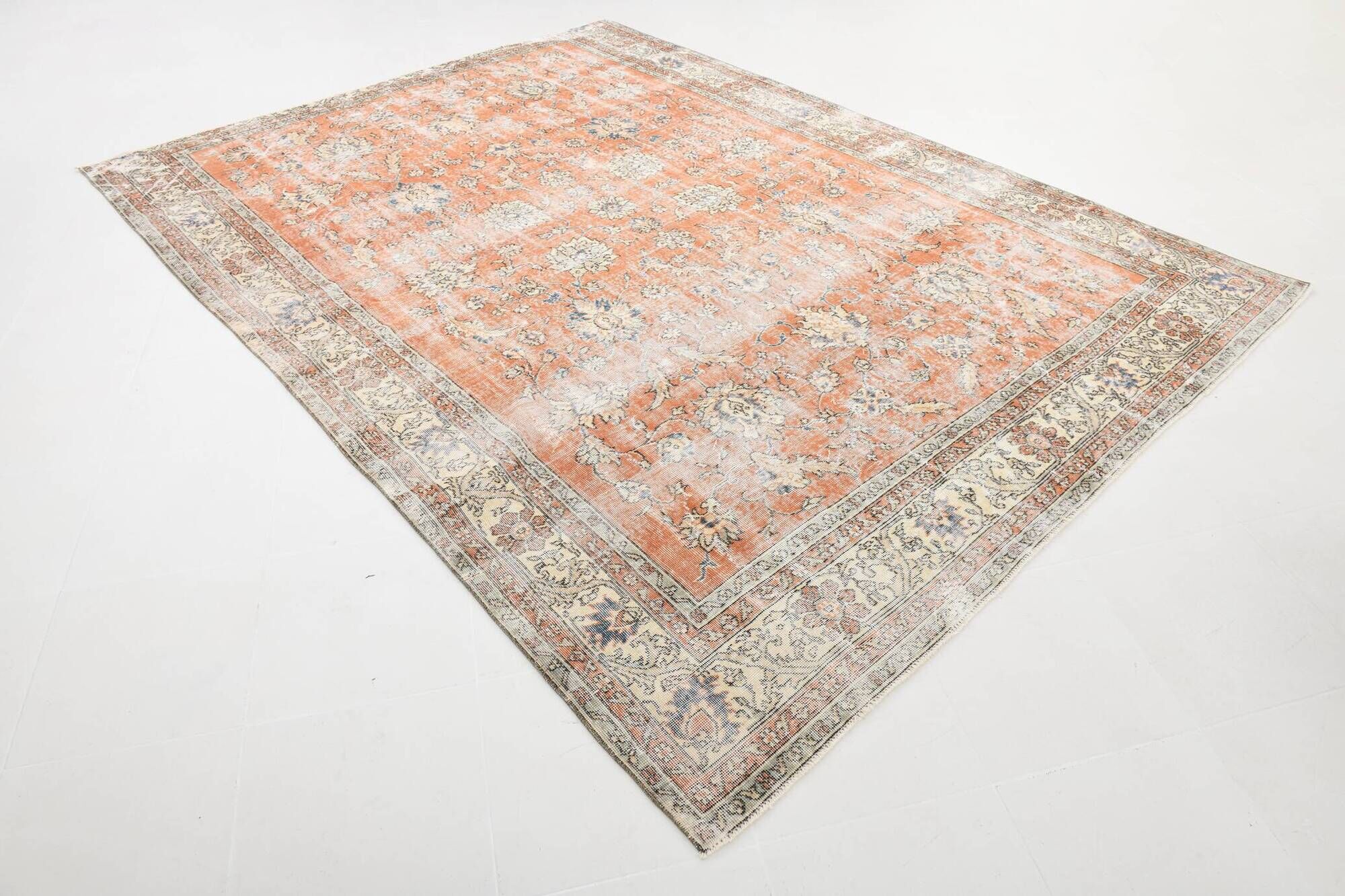 8x11 Orange & Blue Bordered Turkish Vintage Rug, Rugs For Bedroom, Antique
