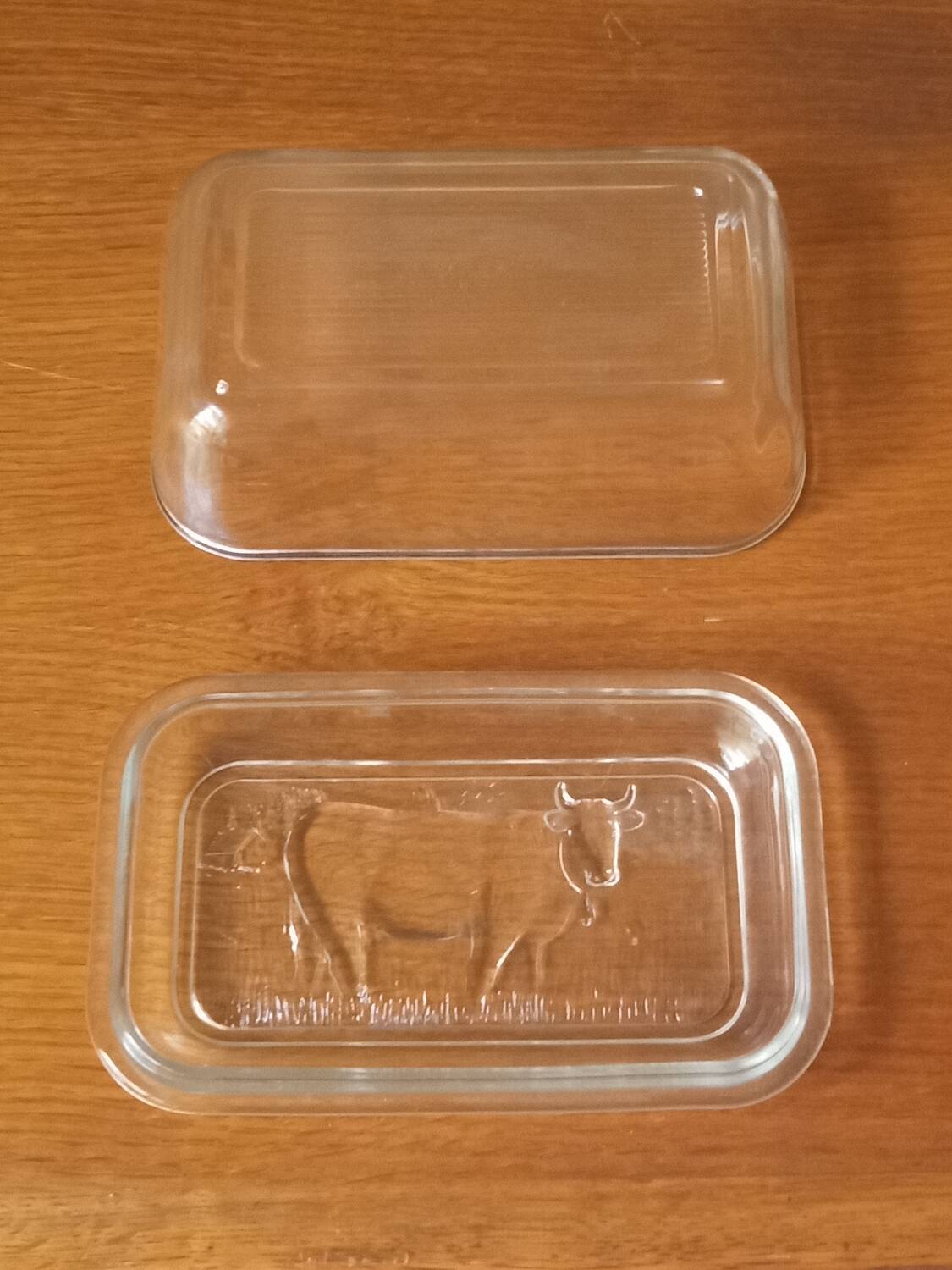 Glass butter dish with cow decor