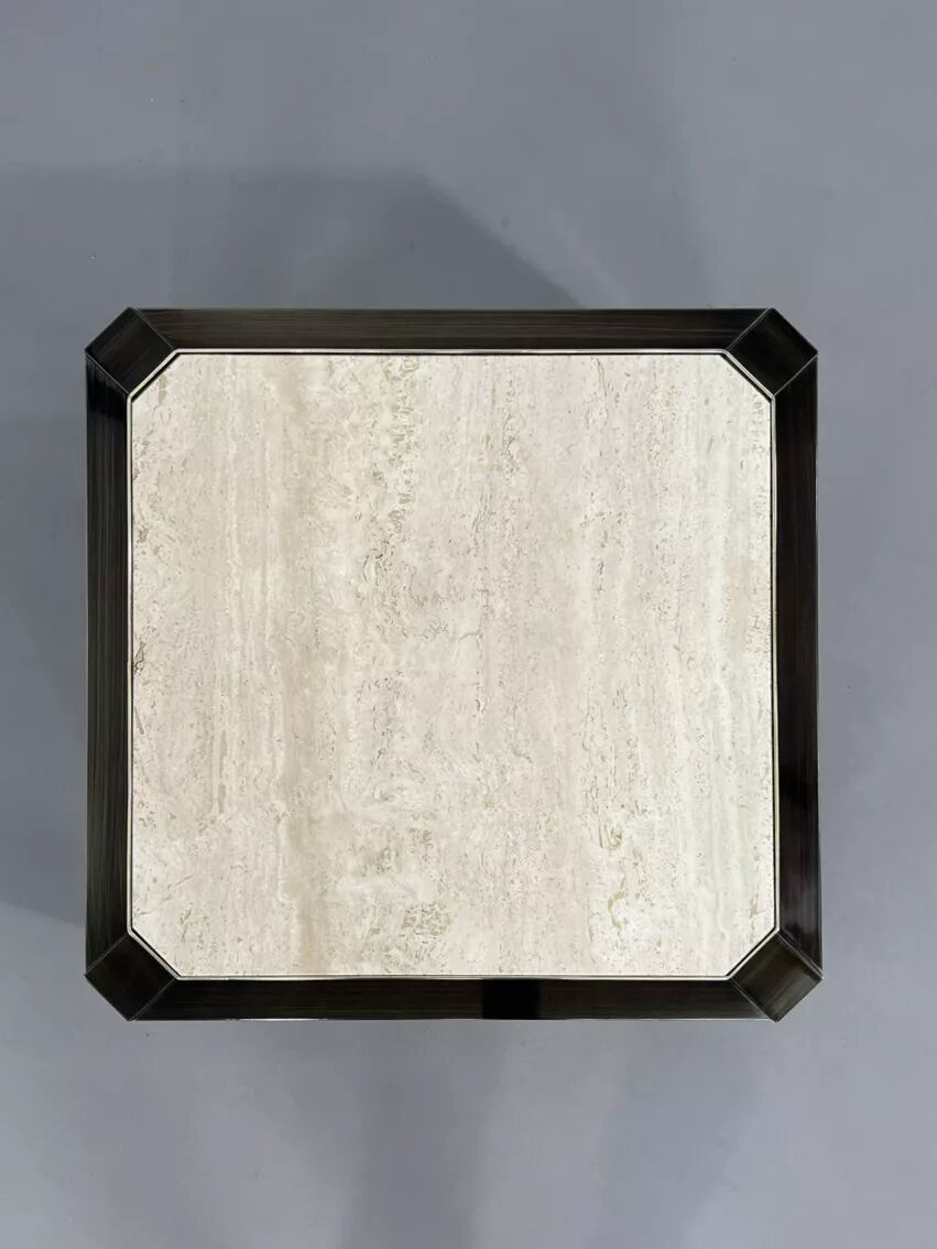 Square coffee table from the 80s in metal and travertine Belgochrome Design.