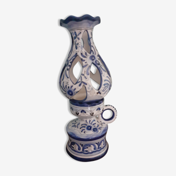 Vase en céramique, fleurs bleues, type lampe à huile en 2 parties