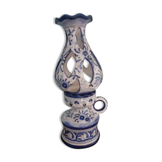 Ceramic vase, blue flowers, oil lamp type in 2 parts