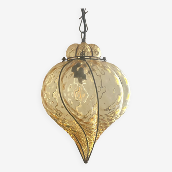 Venetian lantern pendant light in amber Murano glass